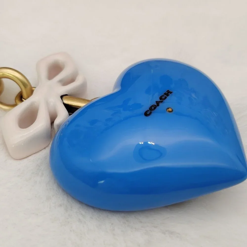 Coach Blue Heart Bag Charm Keychain with Pearl Flower and Pink Bow - Picture 3 of 7